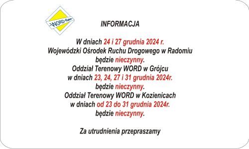 Informacja o pracy WORD w okresie świątecznym