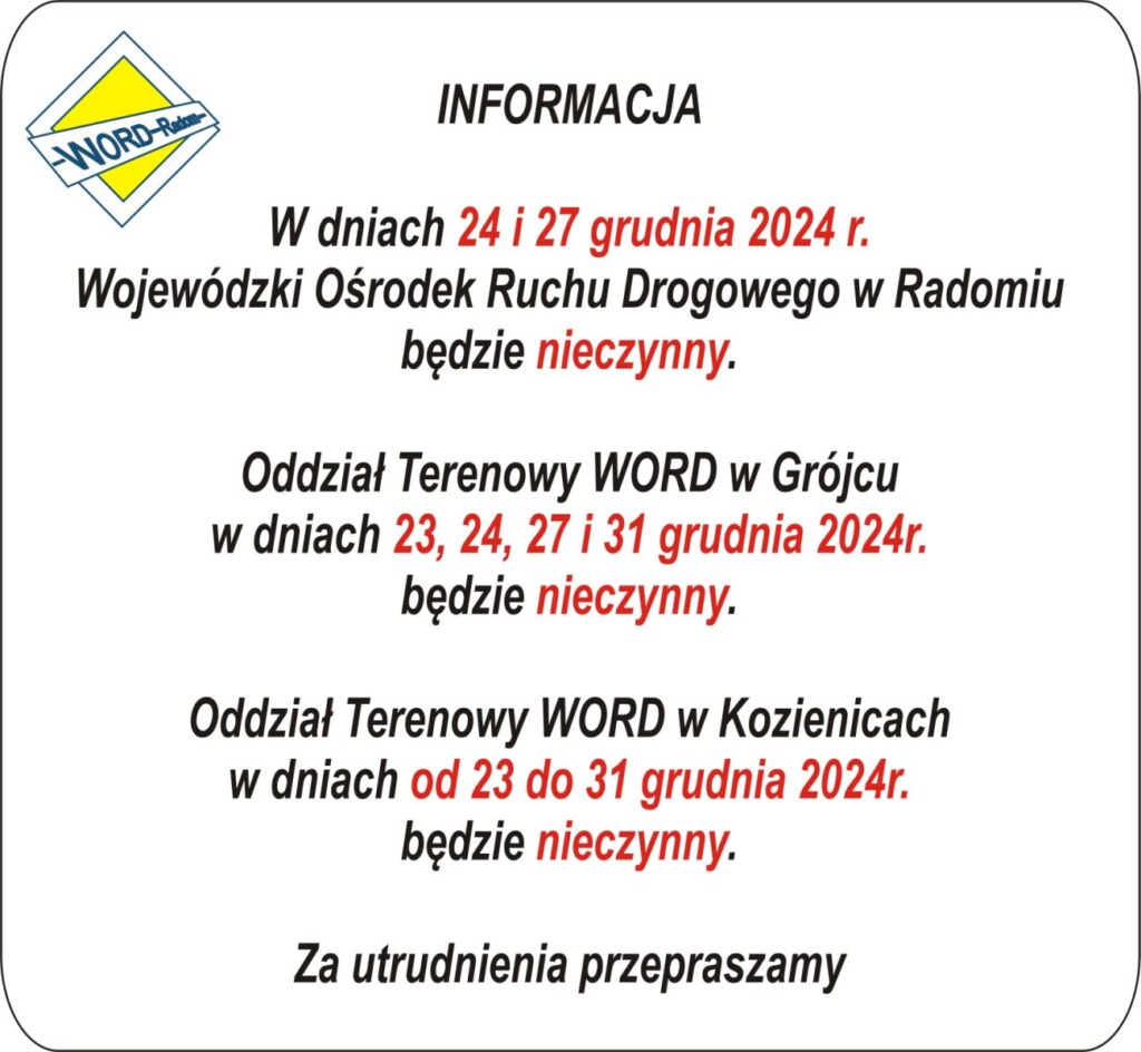 Informacja o pracy WORD w Grudniu 2024